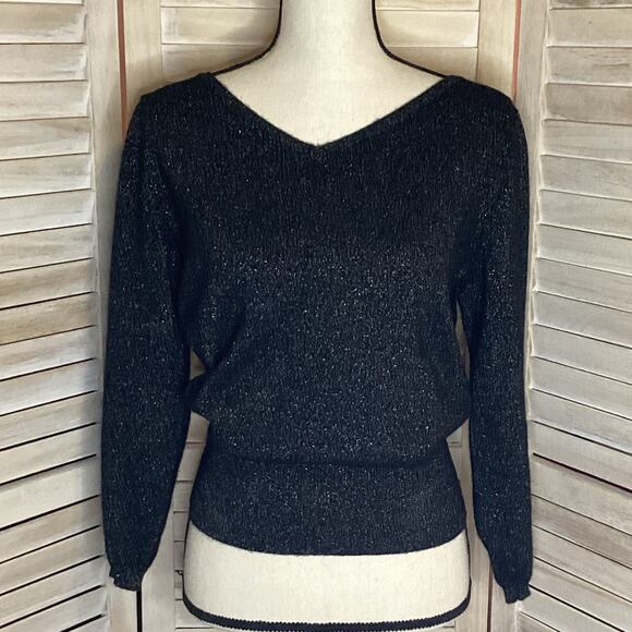 Jumper 1234 Black Multi Color Metallic Shimmer Double V Neck Cashmere Sweater S - Picture 1 of 8